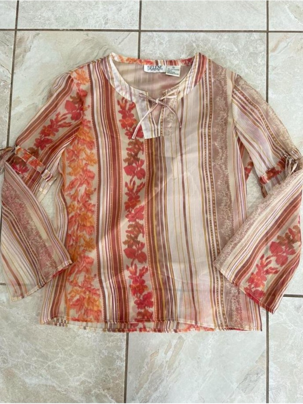 Selene Sport Orange Striped Floral Tie-Neck Blouse
